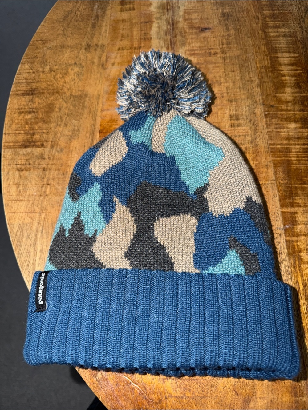 AdultCamouflage Pom Beanie - Blue, Teal & Tan